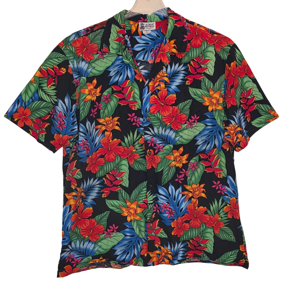 Aloha Republic Men's XL Black Hawaiian Tropical Floral Short Sleeve Button Shirt